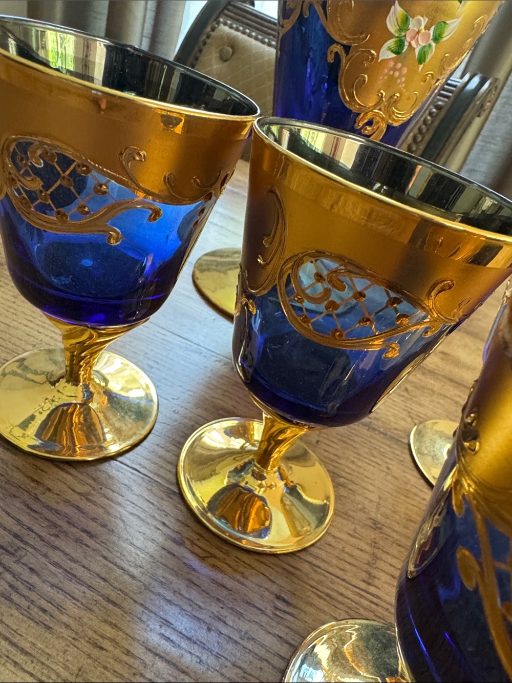 MURANO Venice Italy Blue Glass Decanter Set 7 | 6 Wine Glasses 24kt Gold Leaf - Picture 3 of 10